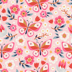 Seamless pattern with flowers and butterflies. Can be used on packaging paper, fabric, background for different images, etc.
