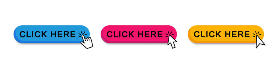 Click here web buttons. Set of action button click here with arrow pointer. Vector illustration.