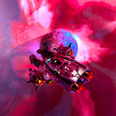 spaceship is passing by the planet in outer space © DM7