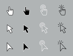 Pointer click icon set. Hand cursor click. Arrow pointer. Computer mouse cursor. Clicking finger pointing. Vector illustration.