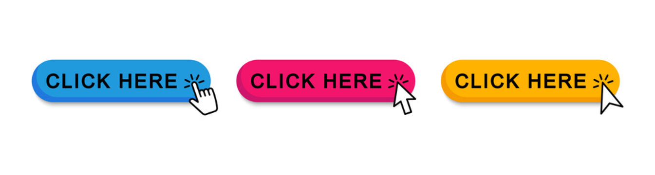 Click Here Web Buttons. Set Of Action Button Click Here With Arrow Pointer. Vector Illustration.