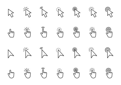 Pointer click icon set. Hand cursor click. Arrow pointer. Computer mouse cursor. Clicking finger pointing. Vector illustration.