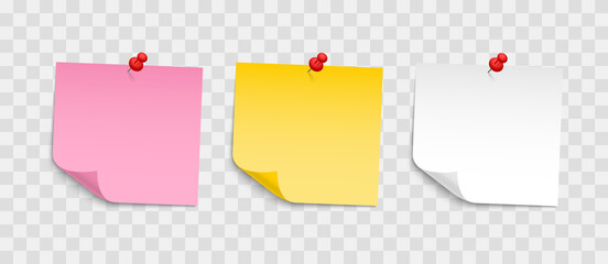 Colored sheets of note papers with push pin. Collection of sticky notes with curl and shadow. Realistic paper stickers for your message. Design element for advertising and promotional.