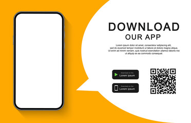 Download our app for mobile phone. Advertising banner for downloading mobile app. Mockup smartphone with empty screen for your app. Vector illustration.