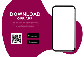 Advertising banner for downloading mobile app. Download our app for mobile phone. Mockup smartphone with empty screen for your app. Vector illustration. - obrazy, fototapety, plakaty