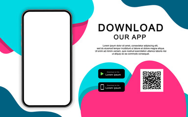 Advertising banner for downloading mobile app. Download our app for mobile phone. Mockup smartphone with empty screen for your app. Vector illustration.