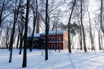 Naklejka premium Winter, snowy morning in the Gomel park, Belarus.