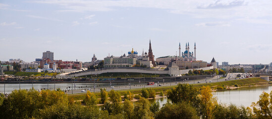 Kazan, Russia - September 8, 2019. Panorama of the city. View of the Kazan Kremlin, the Kul-Sharif mosque and the Kremlin dam - 409513203