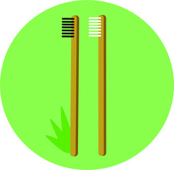 Vector icon of eco-friendly natural bamboo toothbrush and green leaves on a green background. Illustration of a toothbrush for oral care. The concept of waste without plastic