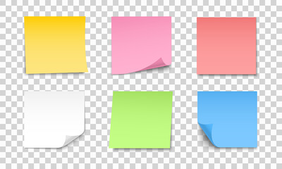 Colored sheets of note papers set. Collection of sticky notes with curl and shadow. Realistic paper stickers for your message. Design element for advertising and promotional.