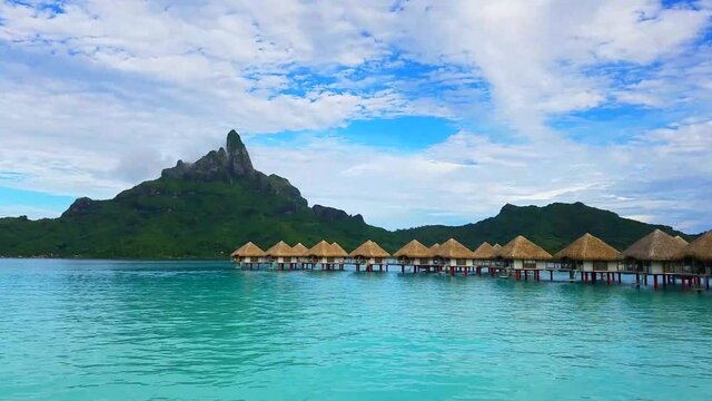 Bora Bora Time Lapse with Over Water Bungalows, Waves and Mount Otemanu in French Polynesia