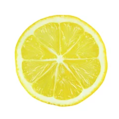 Foto op Plexiglas Sappige gele schijfje citroen op witte achtergrond © Albert Ziganshin