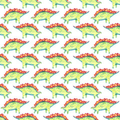 Stegosaurus seamless pattern on a white background. Watercolor dinosaur endless print. Hand-drawn backdrop. Cute dino illustration.