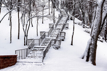 Winter, snowy morning in the Gomel park, Belarus.