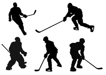 black silhouette of a hockey player on a white background.