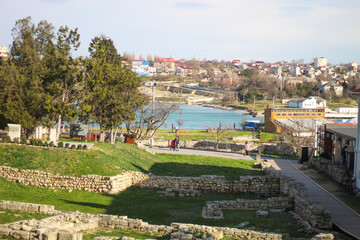 Ruins of an ancient Greek city by the sea. Chersonesos. The ancient city. Black Sea.