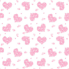 Hearts pattern. Vector seamless texture with heart shapes made from small flowers. Elegant Valentines day background. Love theme. Pink and white color. Repeat design for decor, wrap, fabric, wallpaper
