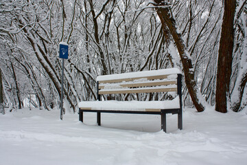 Horizontal subject conceptual photo with an empty bench in the snowy park with a sign 