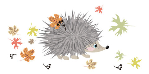 Cartoon hedgehog character. Vector illustration with funny hedgehog and autumn leaves isolated on white. Cute hand drawn animal illustration for kids, gift card, print, other design elements