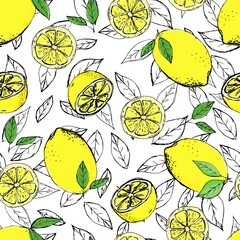 Seamless of citrus fruits sketch. Slice, cut pieces, lobule, plant leaves. Vector illustration Isolated on white background. Hand drawn.