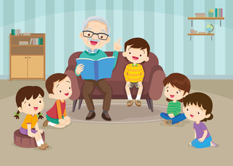 childrent boy and girl listen grandparents reading on sofa