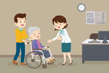 elderly woman on wheel chair see Doctor