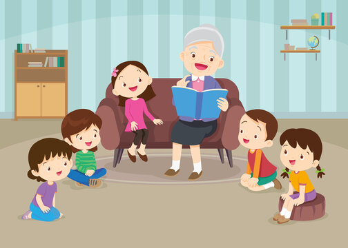 children listen grandparents reading on sofa