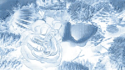 A bouquet of different plants and flowers in a square matrix.
An original composite bouquet of different flowers, branches and decor, the whole image is in a square white-blue matrix. Fluffy branches 