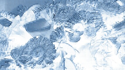 A bouquet of different plants and flowers in a square matrix.
An original composite bouquet of different flowers, branches and decor, the whole image is in a square white-blue matrix. Fluffy branches 