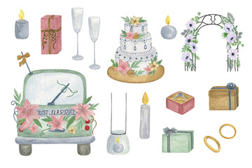 Wedding ceremony accessories set watercolor hand drawn vintage illustration car, arch, diamond ring, gifts, candles, Valentine day clipart perfect for greeting card, banner, invitation