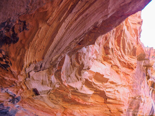 Looking up at the ceiling of a sandstone alcove