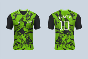 3D realistic mock up of front and back of green soccer jersey t-shirt with pants and socks. Concept for football team 