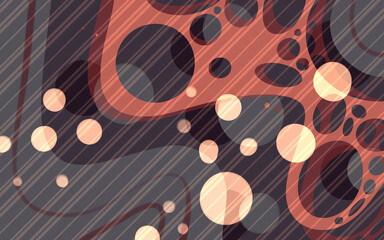 Modern abstract liquid composition. Ultimate Gray striped background with yellow bubbles and dynamic brown fractals. Fluid shapes, wave flow banner. Creative circles drip funky illustration