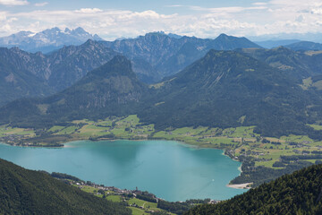 Fototapeta na wymiar Aerial view Austrian Wolfgangsee from top Schafberg near Sankt Wolfgang