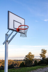Basketball backboard on Monsanto's Natural Park, in Lisbon. With trees and blue sky in the background.