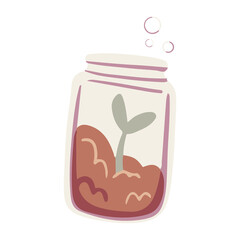 Green sprout in a jar with soil vector. Flower seedling, spring season. Mini sustainable garden in a bottle illustration. Greenhouse. Plant Terrarium clip art