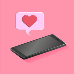 3d illustration of smartphone with massage. Social media emotion. Smartphone with heart. Message with love. 