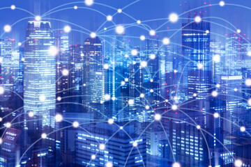 Wireless communication network and internet connection in Big city in Asia concept. Abstract connection network on Japan financial district background