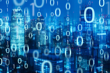 Big data in smart city binary code on blue modern city background. concept of internet, wireless technology and cyberspace