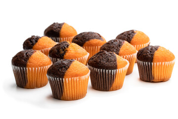 Fresh pumpkin and chocolate minimuffins isolated on white