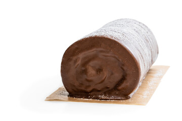 Chocolate yule log christmas cake coated with milk chocolate isolated on white