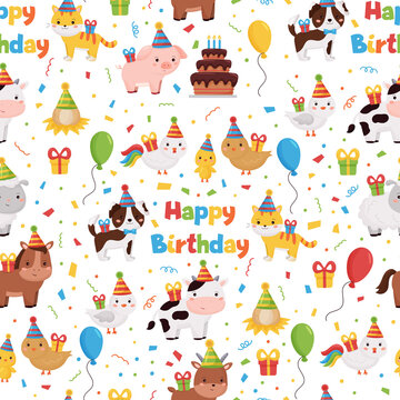 Vector seamless pattern with cute farm animals with balloons, presents and cake. Happy Birthday theme. Cartoon characters for kids.