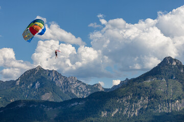 Parasailing behind a speedboat at Austrian Wolfgangsee near Sankt Wolfgang