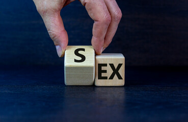 Sex with an Ex symbol. Hand turns a cube and changes the word 'ex' to 'sex'. Beautiful dark grey...