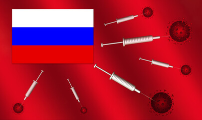 The Russian white, blue and red flag, with vaccine syringes shooting out at covid-19 virus cells