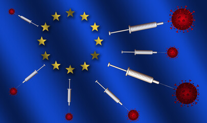 Vaccine syringes piercing red Covid cells on a deep purple background