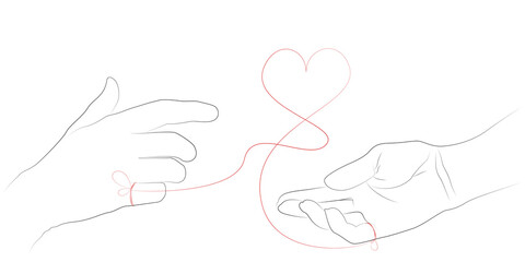 Hand drawn simple Valentine s Day, Wedding greeting card or invitation, with hands connected by the red string of fate with heart shape.