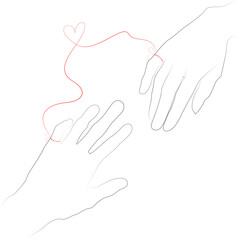 Hand drawn simple Valentine s Day, Wedding greeting card or invitation, with hands connected by the red string of fate with heart shape.