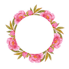 Wreath of watercolor pink peonies isolated on a white background. Floral frame for creating invitations, posters, cards. Romantic template for wedding, valentine's day.