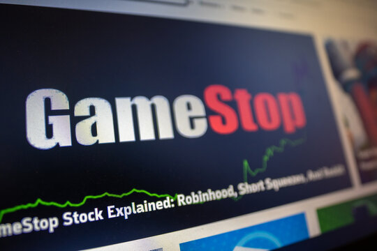 Cambridge UK January 2021 Logo of the GameStop gaming company, famous for the stock price rising as wallstreetbets challenges brokers and big investors